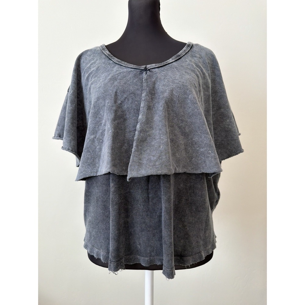 Free People Girl Talk Tee Gray Ruffle Tiered Size S Boho Linen Blend Relaxed
